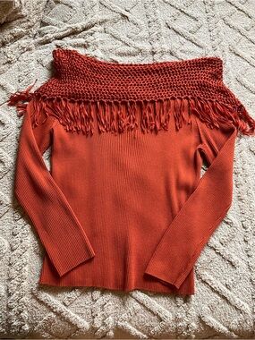 Women’s Off-the-Shoulder Fringe Sweater in Rust Orange